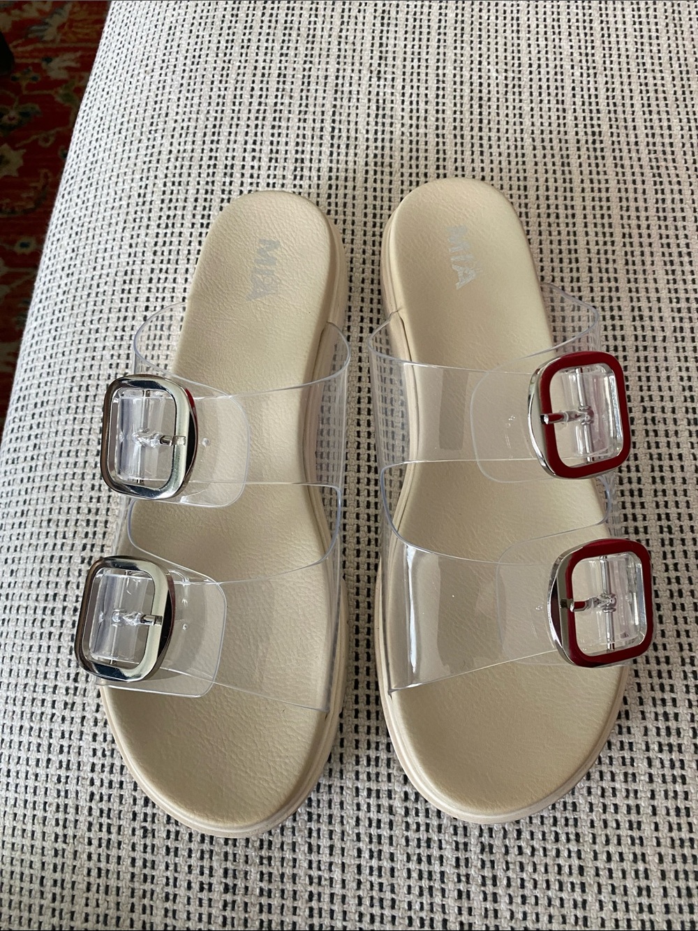 New Size 9 MIA Beige Slide Sandals with Clear Straps and Silver Buckles
